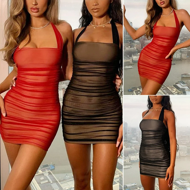 

Sexy Backless Mesh Halter Mini Dress Women Spring Summer New Simple Solid Office Lady Slim Dress