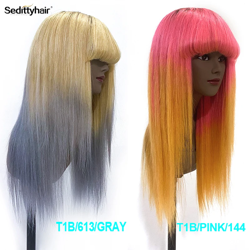 Sedittyhair Straight Human Hair Wigs With Bangs ombre color Fringe Wig 613 gray Human Hair Wigs Cheap Brazilian Remy human wig