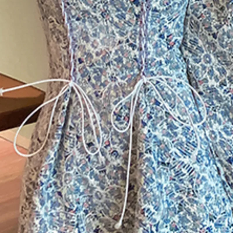 

2021 Floral Print Mini Dress Women Casual Peter Pan Collar Fashion Preppy Style Robe Summer Women Drawstring Lace Vestidos Mujer