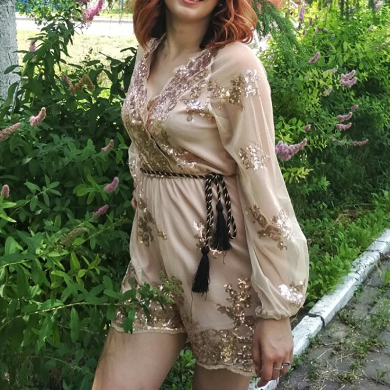 Женские короткие комбинезоны с блестками, с длинным рукавом, с v-образным вырезом, с вышивкой, сексуальные черные туники, вечерние комбинезоны, розовые, золотые короткие женские комбинезоны