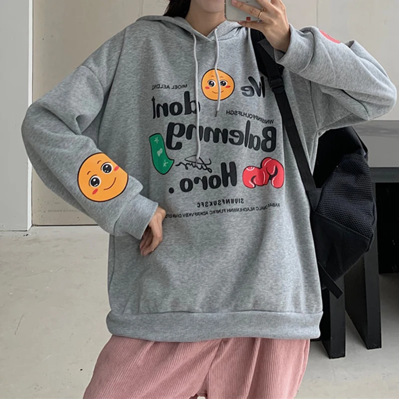 

Gray Letter Print Oversized Sweatshirt Women Oversized Hoodis Loose Korean Harajuku Japanese Fashion Student Preppy Style Autumn