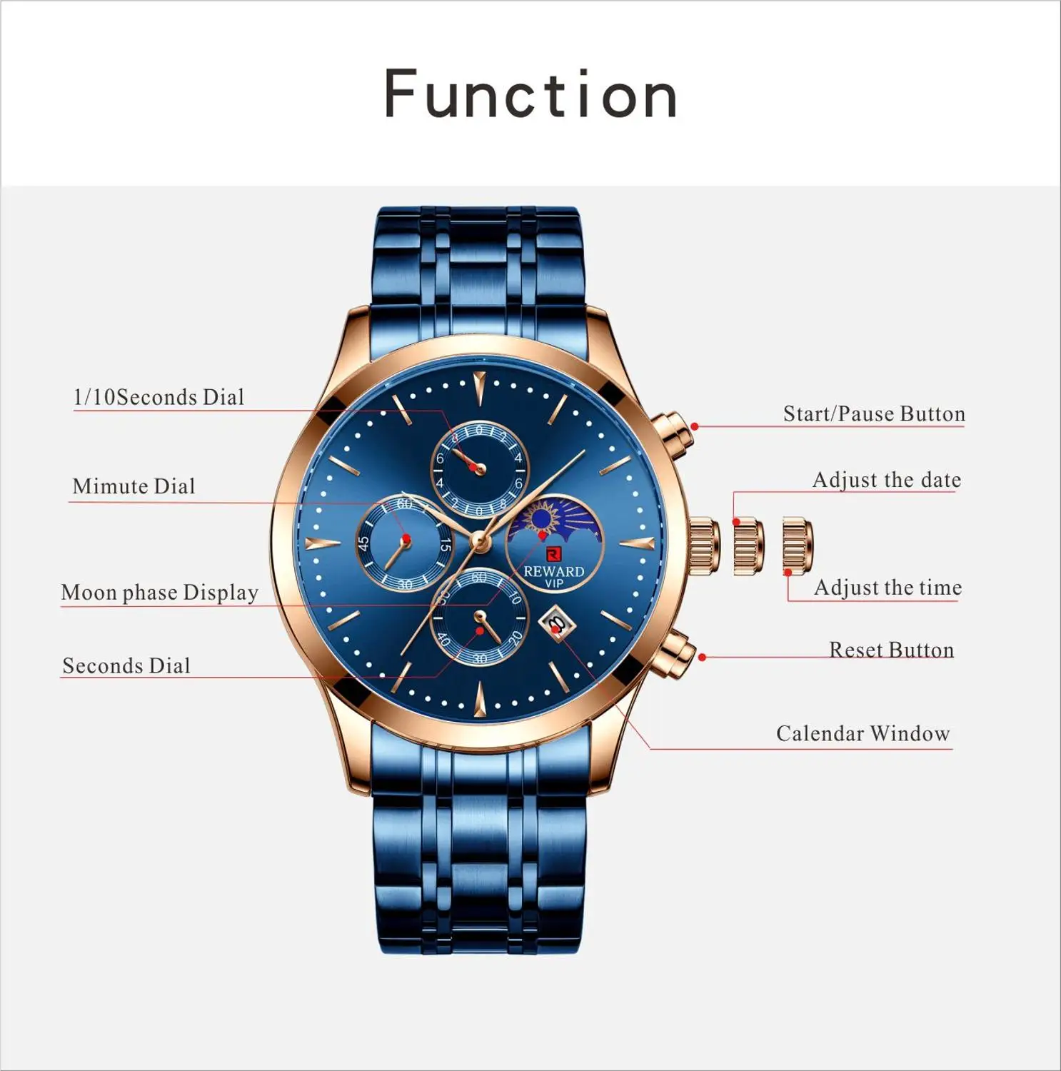 

REWARD Mens Watches Luxury Quartz Watch Casual fashion Steel Strap Men Chronograph Waterproof Moon phase Wrist Watch