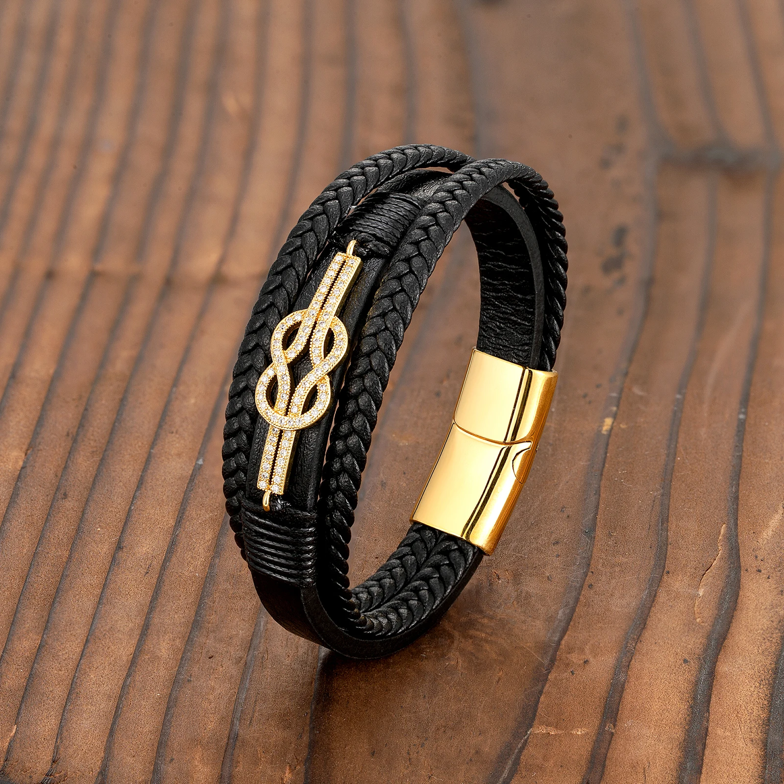 2021 New Fashion Design Micro Diamond 3-layer Leather Cord Neutral Bracelet Stainless Steel Charm Hand Row | Украшения и