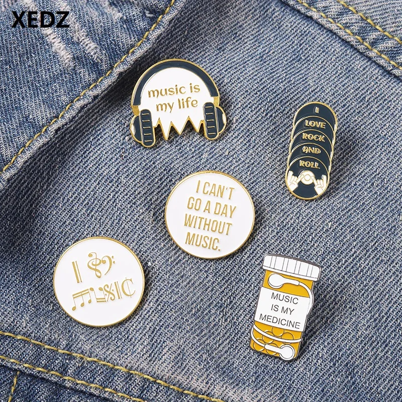 

XEDZ Fashion Music Enamel Brooch Headphones Rock CD Music and Life Medicine Bottle Creative Badge Punk Lapel Pins Jewelry Gift