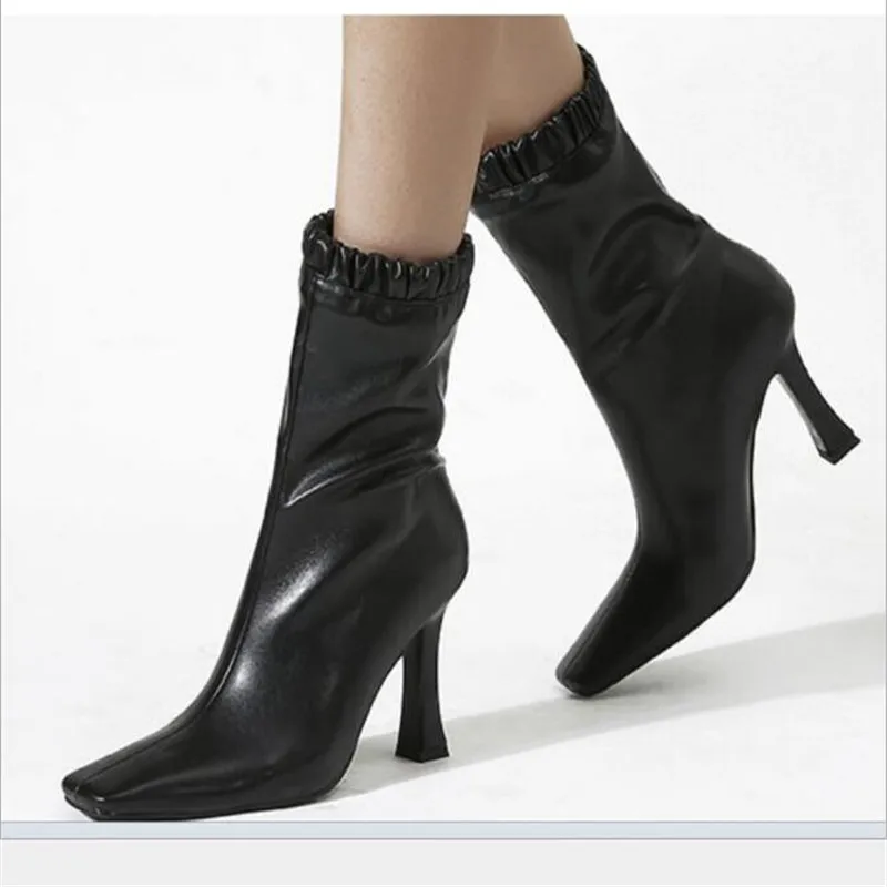 

Spring Women Shoes Mid-Calf Chelsea Boots PU Zipper Thin Heels Square Toe Black White Ankle Boot Size 35-40 New Fashion Solid