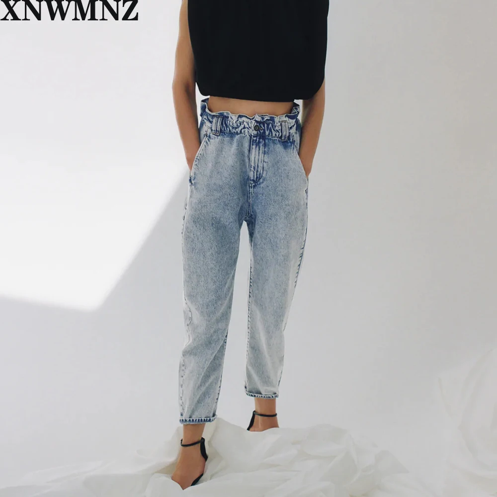 

XNWMNZ za Women baggy paperbag High-waist jeans elastic waist front pockets Casual Chic light blue Female pants High quality