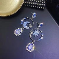 vintage blue star and moon women long asymmetric geometric metal earrings for party wedding jewelry 2021