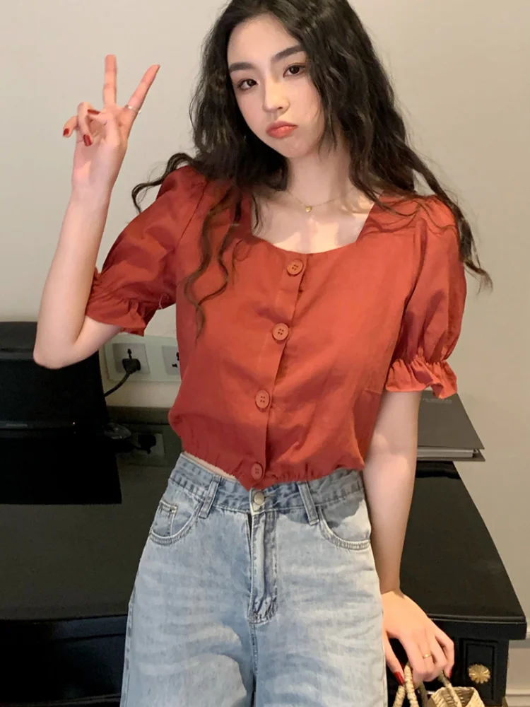 

Houthion Chiffon Slim Women's Blouses Fashion Short Sleeve Top Solid Color Square Collar Buttons Shirt Summer New Casual Blouse
