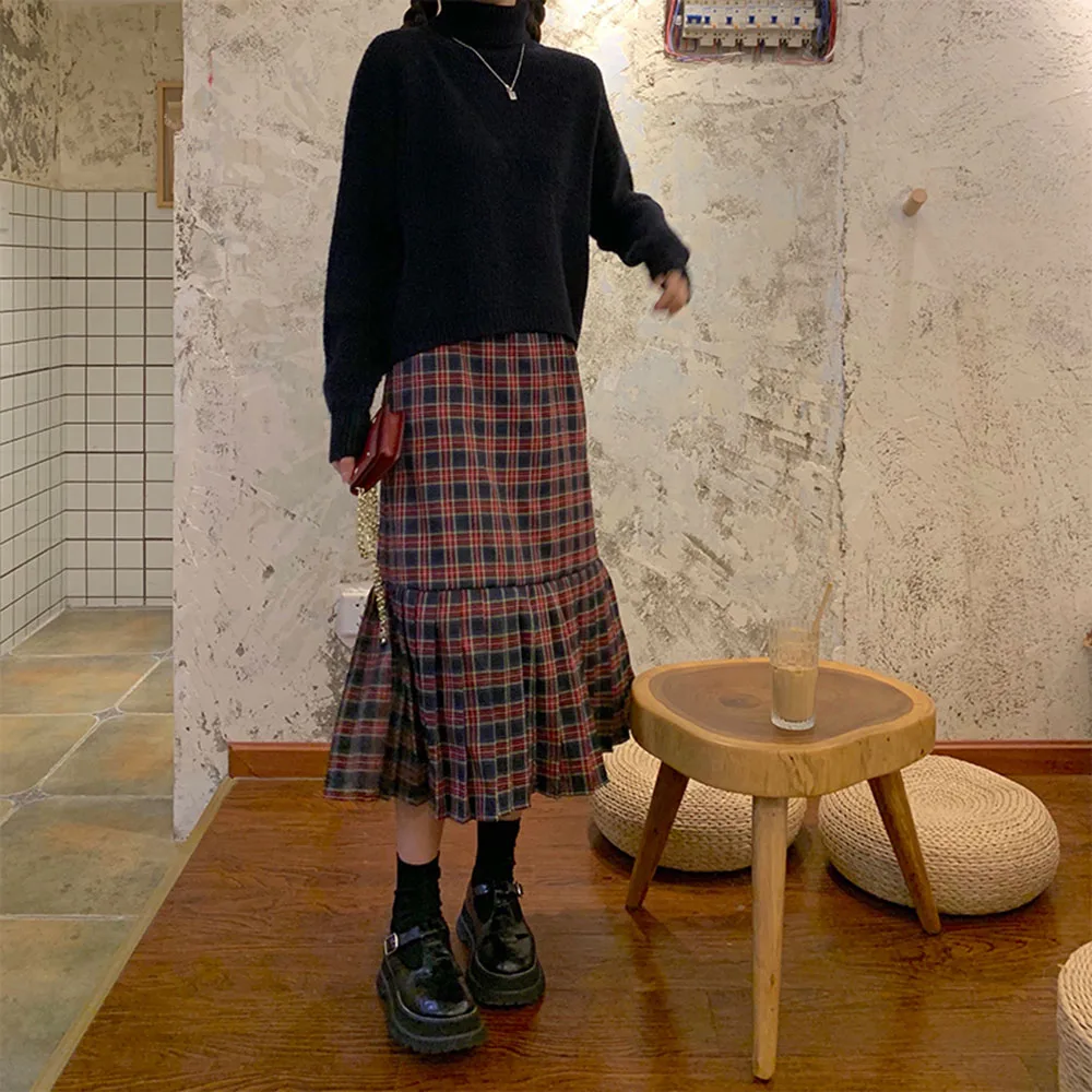 

Japanese Korean Version Skirt Spring Summer 2021 Fashion Casual Simple Designer Red Plaid High Waist Pleated Retro