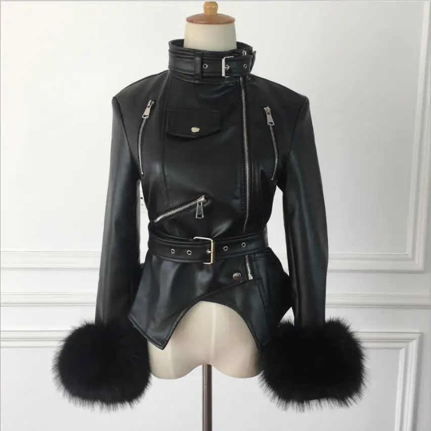 

Zipper stitching fur sleeve PU jacket 2020 autumn new female motorcycle PU leather jacket short paragraph Slim pu jacket wq1162