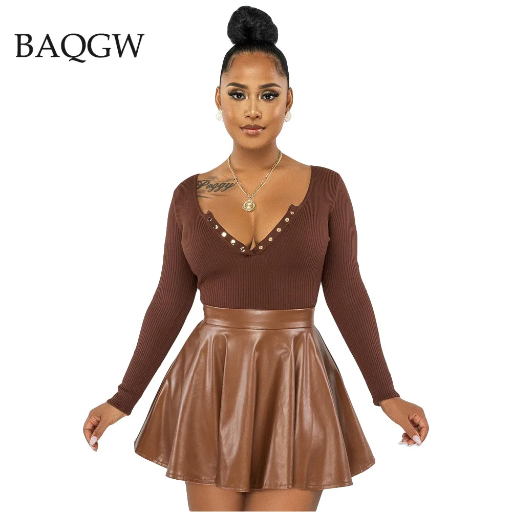 Модная мини-юбка из искусственной кожи Женский комплект двух предметов