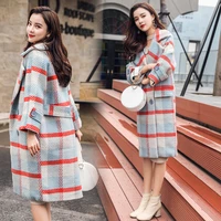high quality womens 2020 woolen coat women mid length korean tartan cashmere outwear popular blue check woolen coat female e124