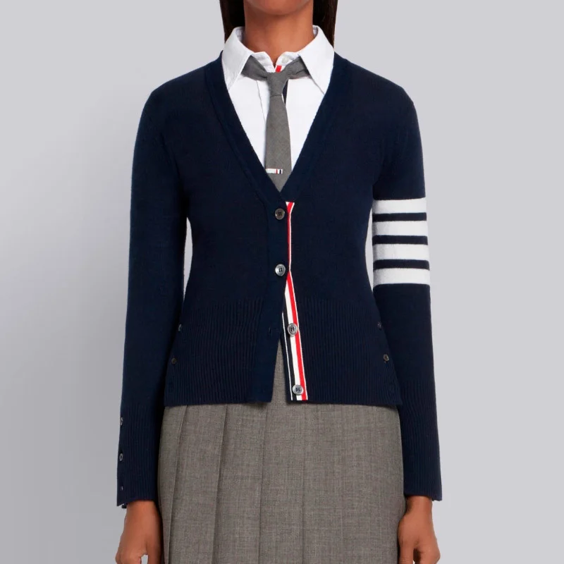 

TB 2021 Fashion THOM Brand Sweaters Women Slim Fit V-Neck Cardigans Clothing Striped Cotton Spring and Autumn Casual Coat