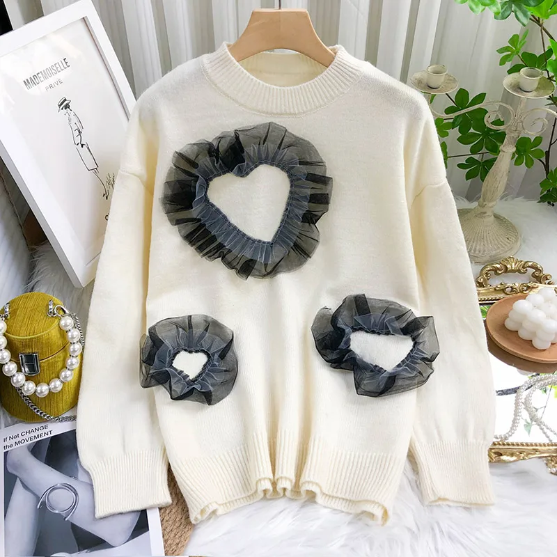 

Lady Pullover Women's Round Neck Loose Outer Wear 2021 Autumn and Winter New Korean Love Stitching Sweater Love Shape