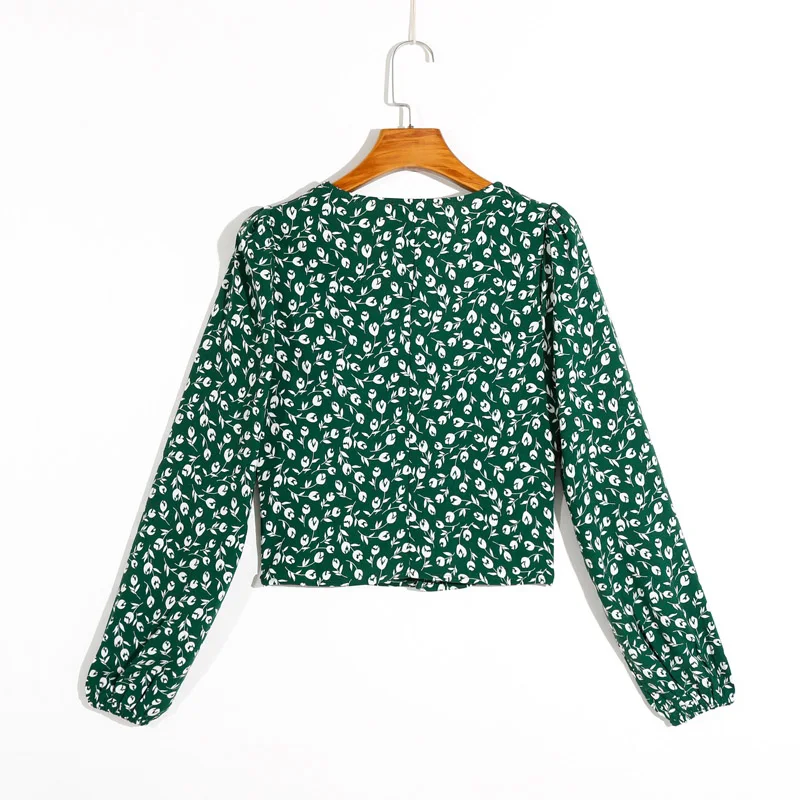

Summer women's shirt casual flower printed V-neck long-sleeved slim shirt