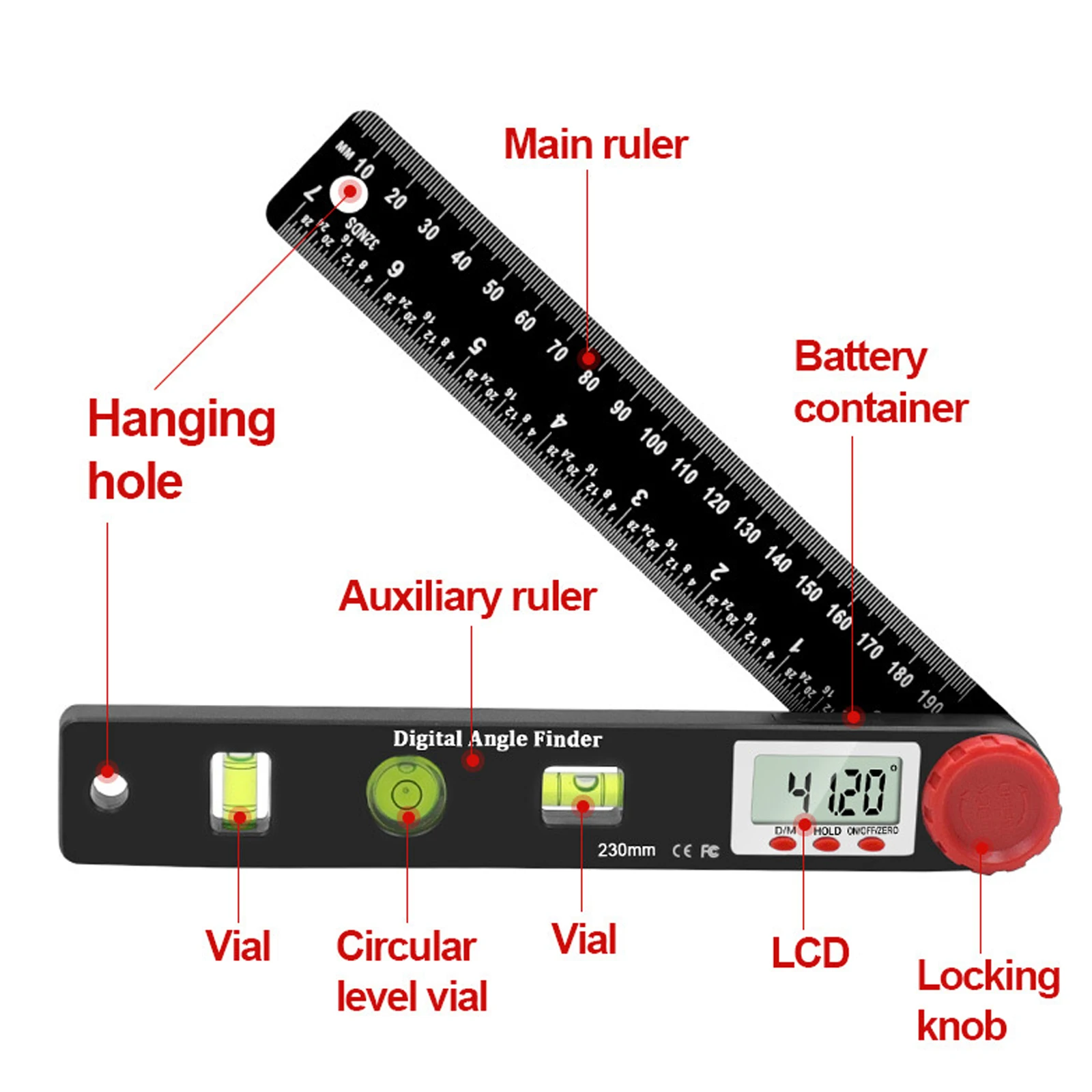 

Multifunction Balance Ruler Gauges 4 in 1 Digital Measuring Tools Universal 230mm Woodworking Tools 360 Degree Angle Protractor