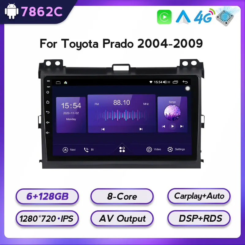 6 + 128G Android 11 Carplay 4G LTE для Toyota Land Cruiser Prado 120 2004 - 2009 Автомобильный Радио