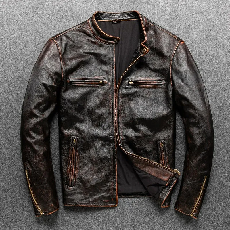 

Fashion Vintage Brown Leather Jacket Stand Collar Redo Motorcycle Leather Coat Cowskin