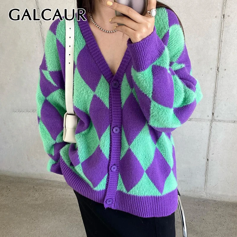 

GALCAUR Straight Gingham Colorblock Sweater For Women V Neck Long Sleeve Single Breasted Knitting Cardigan Female Clothing 2021