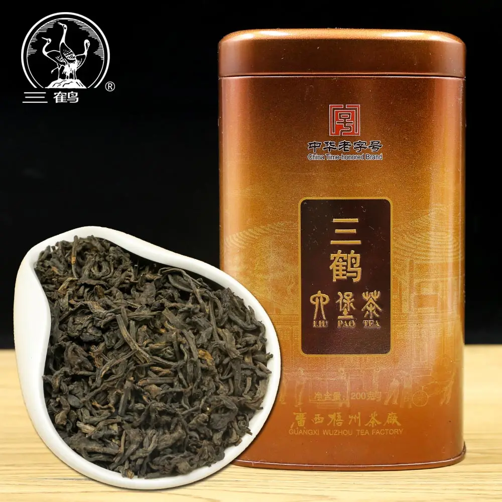 Tres grullas t&eacute; chino Sanhe 2017 Guangxi Liu Pao Teas Liubao Cha t&eacute; oscuro suelto tarro de cobre 200g-0