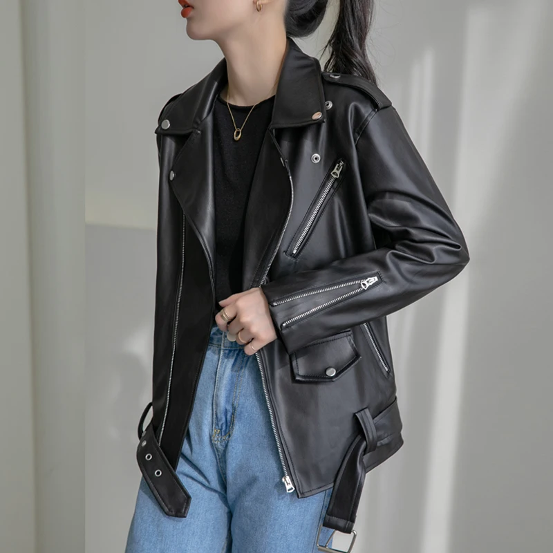 FTLZZ осенняя куртка из искусственной кожи женская новая черная мотоциклетная с