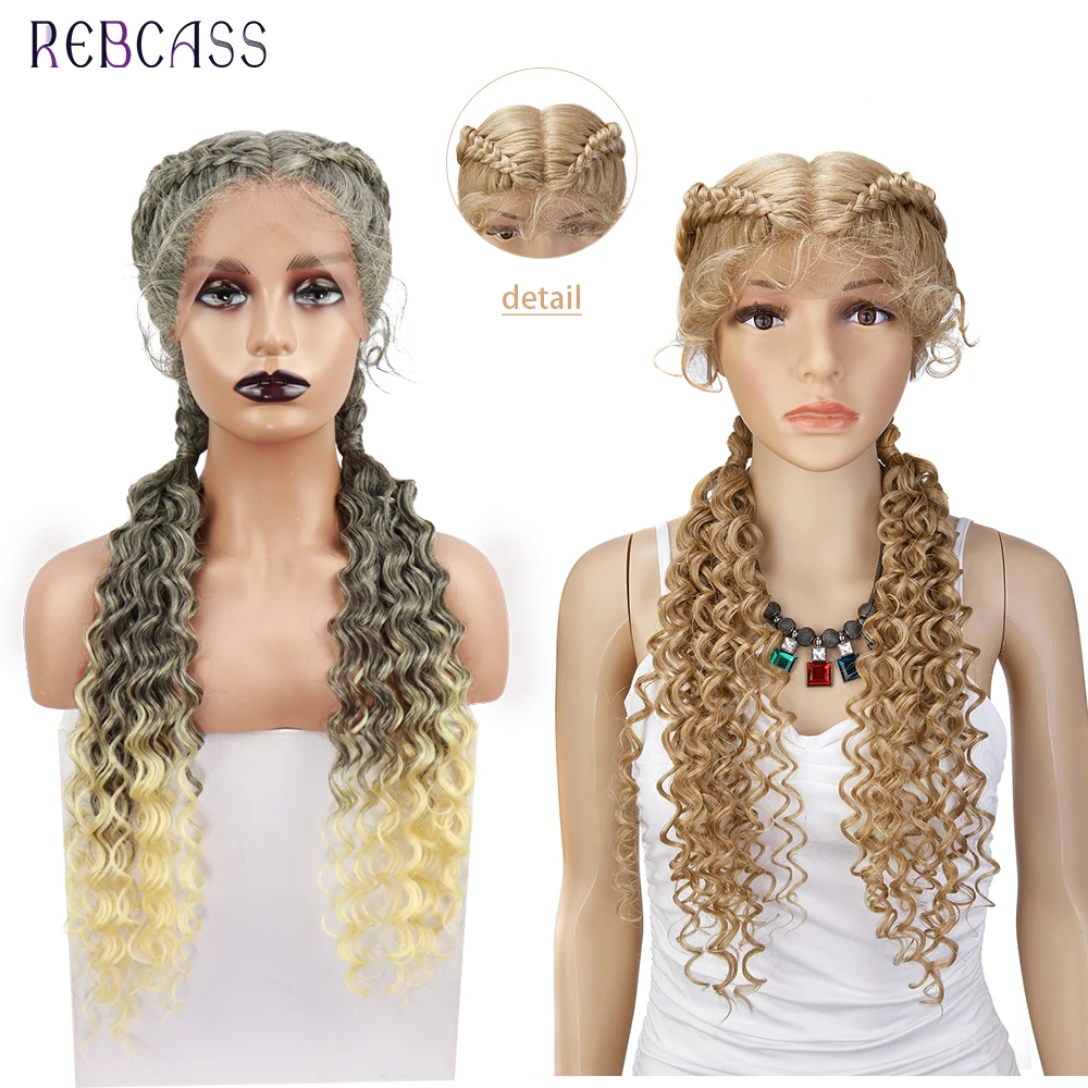 

Rebcass 34Inch Long Synthetic Braided Lace Wigs Box Corrow Braided Curly End Ombre Color Synthetic Lace Front Wig with Baby Hair