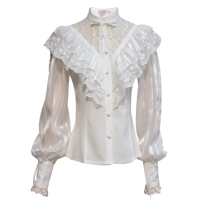 

Sweet Lolita Shirt Retro Palace Stand Lace Lantern Sleeve Victorian Shirt Bowknot Gothic Lolita Top Court Lolita Loli Royal Cos