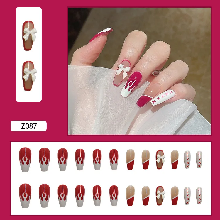 

2021 24pcs Flame Print Nail Patch Glue Type Removable Long Paragraph Fashion Manicure Save Time False Nail Patch EY669