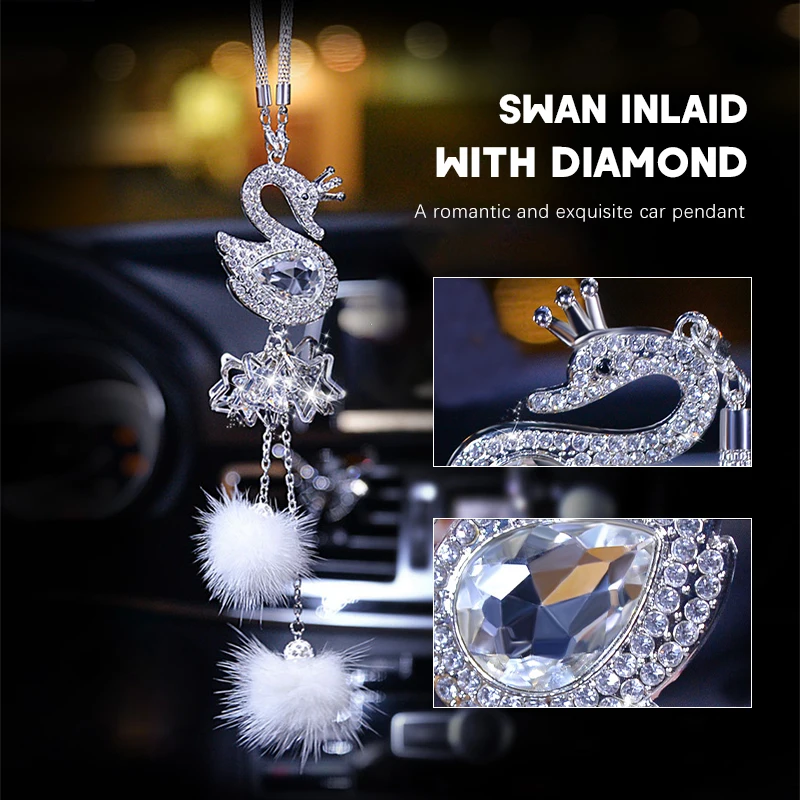 

Car Pendant Fashion Diamond Crystal Fur Ball Swan Element Decor Automobile Rearview Mirror Car Hanging Ornaments Accessories