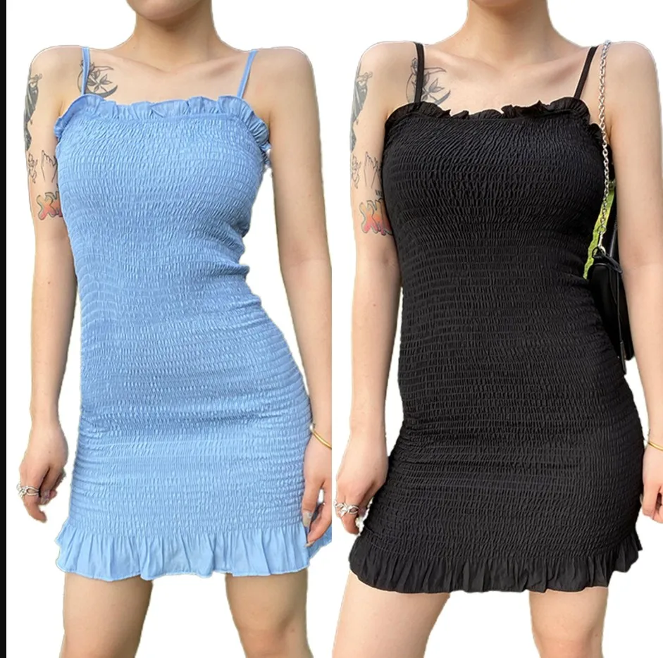 

2021 Female Dress Solid Color Sleeveless Spaghetti Strap 1-Piece Sundress Pencil Skirt for Summer Blue/Black S/M/L