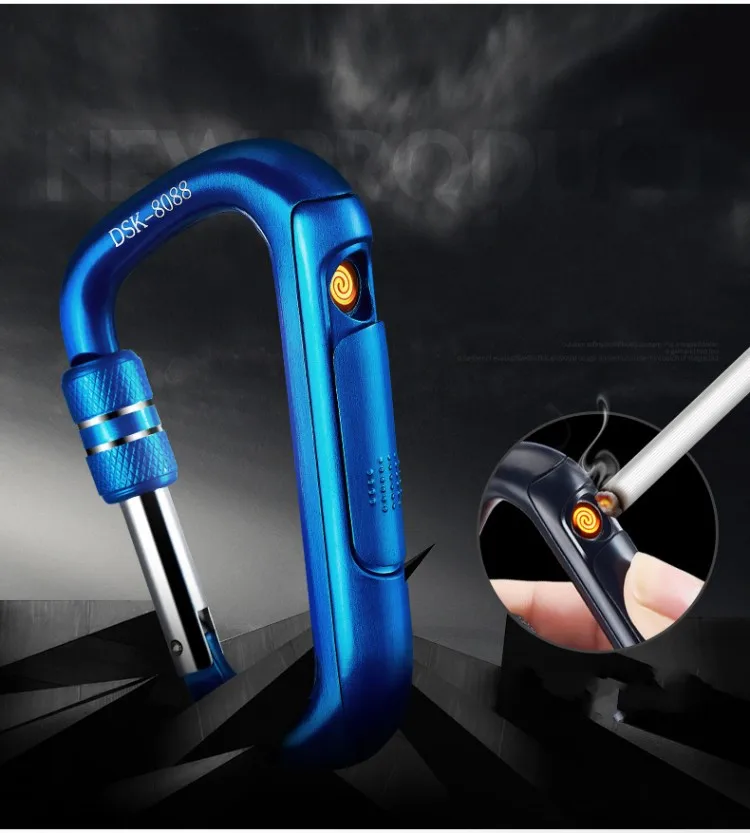 

New Fashion Carabiner Shape Climbing Hook USB Electronic Rechargeable Lighter Flameless Cigar Lighter With Gift Box 5 Color