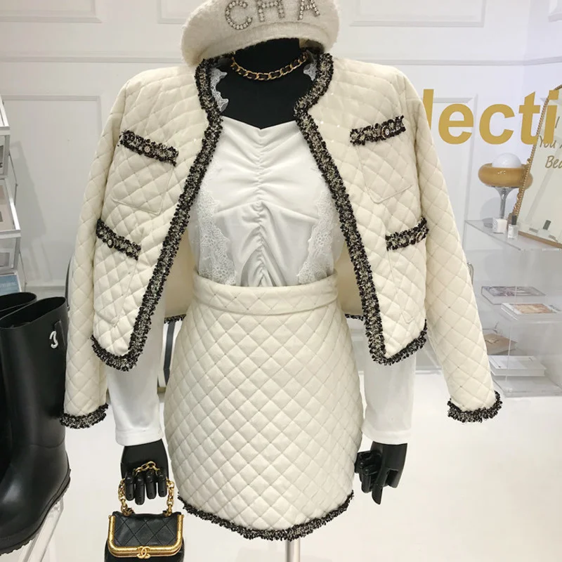 

Winter Elegant Fashion Skirt Suit Argyle Panelled 2 Piece Set Women Short Jacket Coat + High Waist Skirt Set Two Piece Outfits