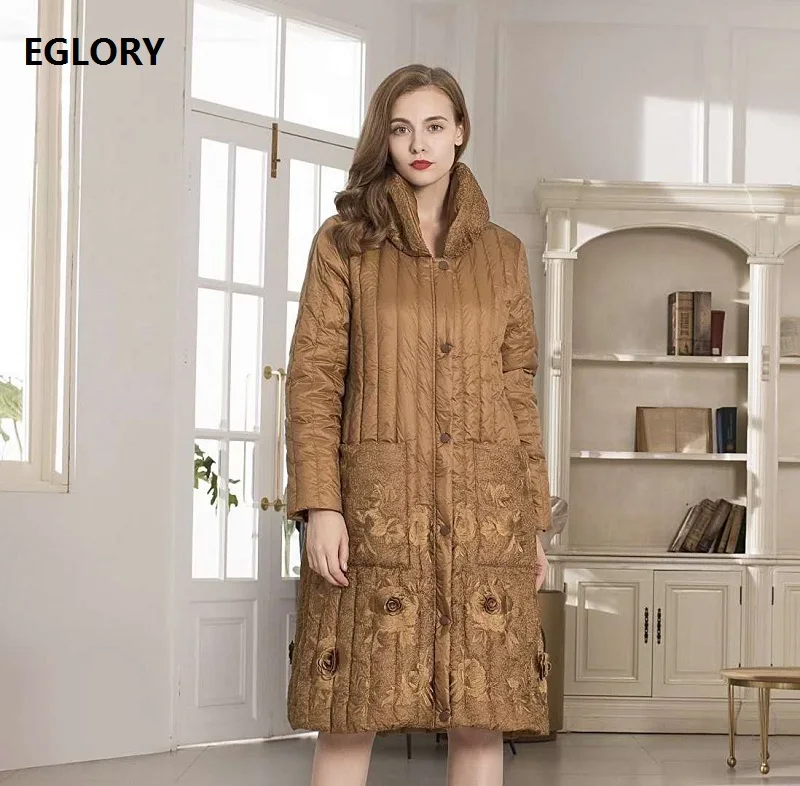 

Высокое качество, новинка 2020, зимняя длинная пуховая парка, верхняя одежда, пальто для женщин, изысканная вышивка, карман, пэтчворк, теплая п...
