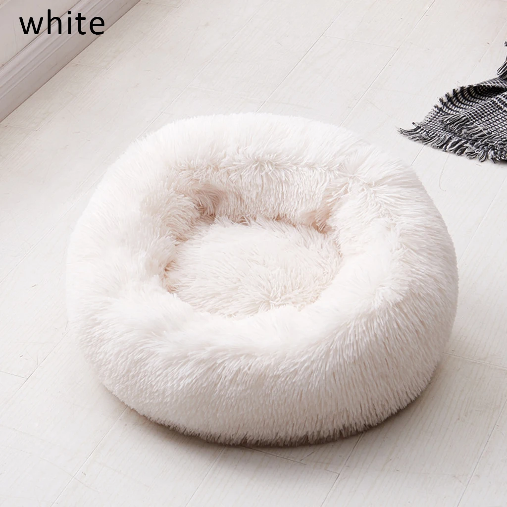 White A Длинная плюшевая кровать для питомца, супер мягкая круглая кровать для питомца, кровать для собаки, зимний теплый спальный мешок для кошек, гнездо, зимняя теплая спальная кровать, коврик для щенка - Цвет: White A