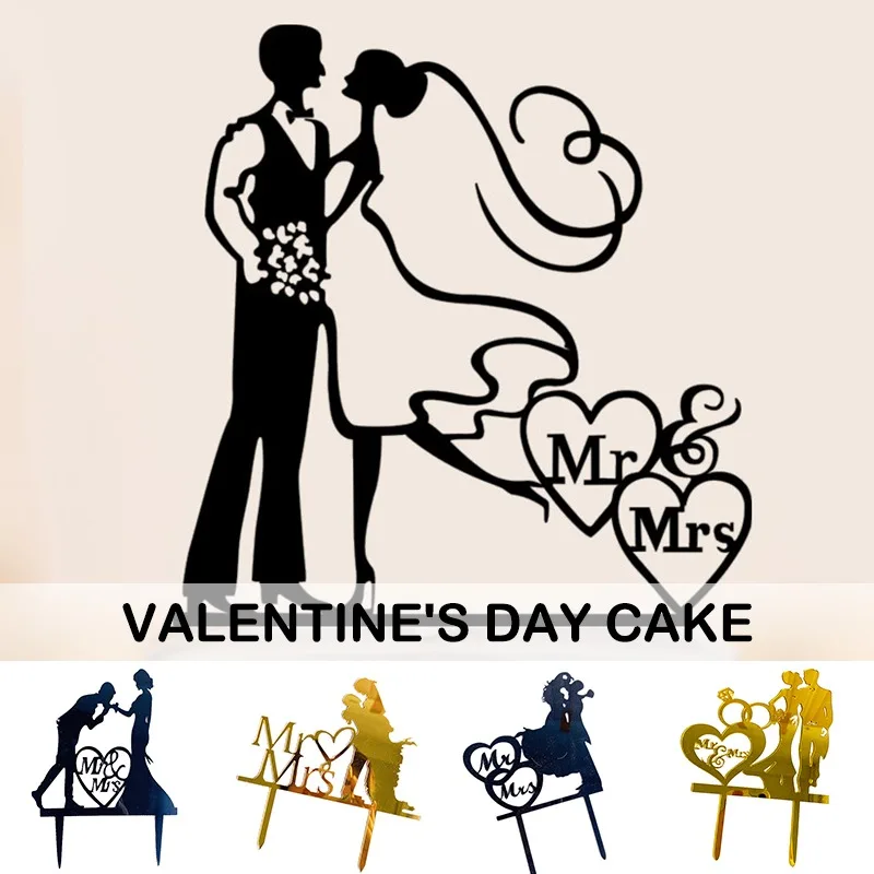 Черный акриловый торт фигурки жениха и невесты любящее сердце силуэт свадебный MR