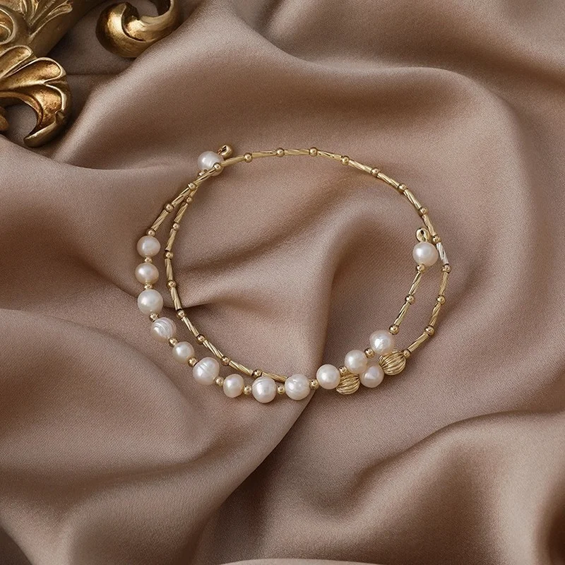 

U-Magical Temperament Double Layer Freshwater Pearl Charm Bracelet for Women Gold Color Metallic Beaded Bracelet Jewellery