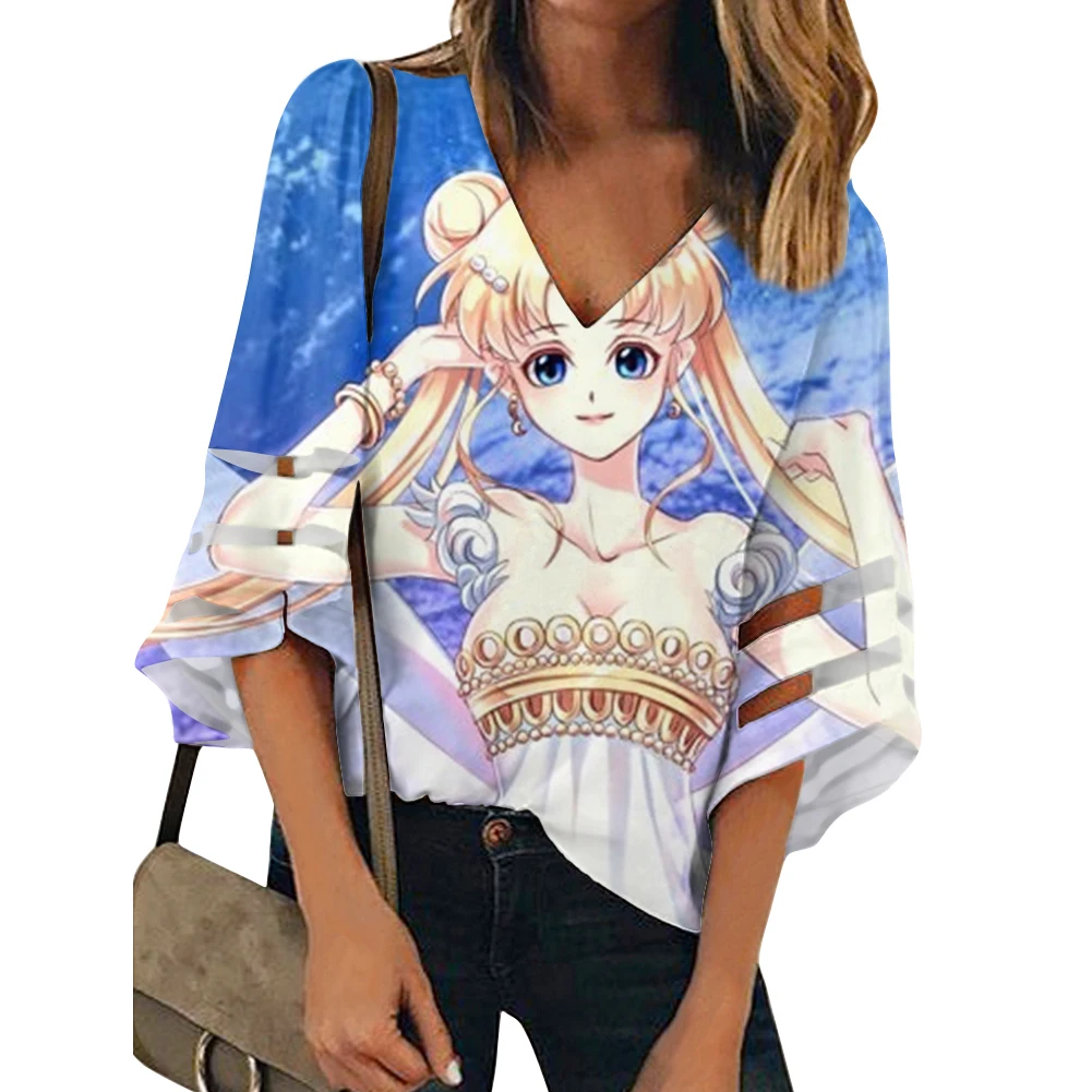 

Women Blouses Streetwear Casual Kawaii Camisa V-neck Ladies Chiffon Tees Custom Harajuku Anime Sailor Moon Print Loose Shirts
