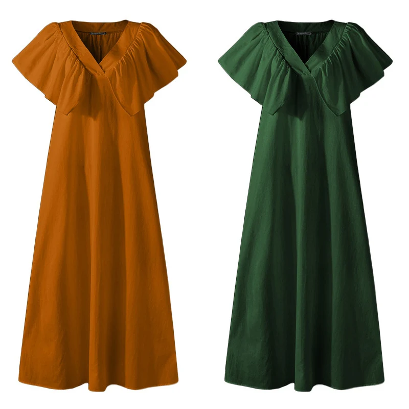

Women's Fashion Dress V-neck Ruffled Sleeveless Ankle Dress Loose Straight Casual Long Dresses Plus Size Clothing for Women