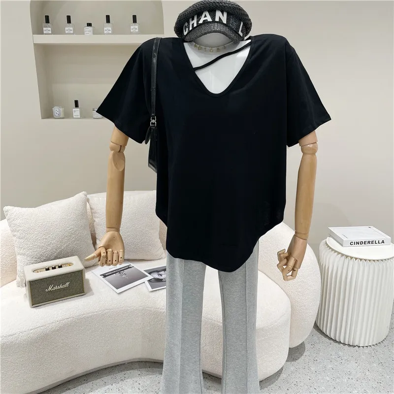 

Women's Spring Summer 2021 Fashion Loose V-neck short sleeve T-shirt versatile bottom Top