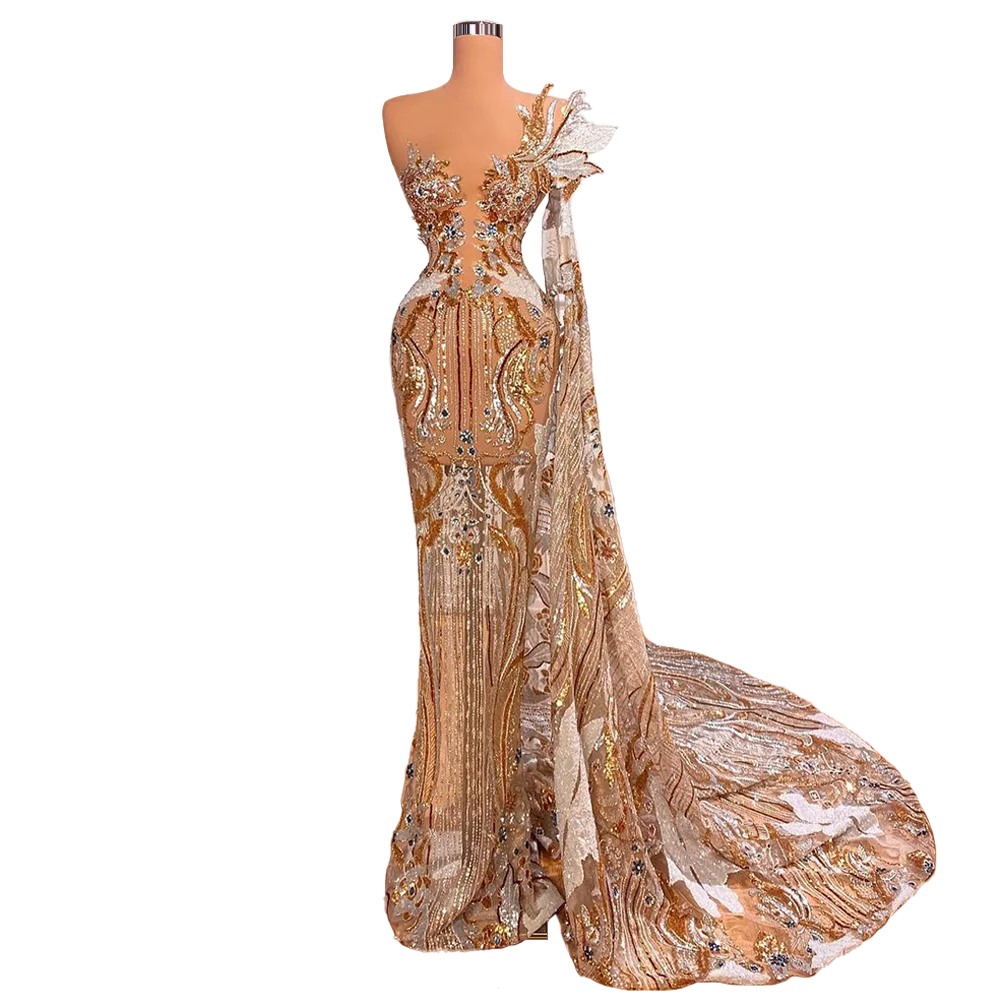 

Single Cape Gold Saudi Arabic Evening Dress Glitter vestido longo dresses for women 2020 elegant