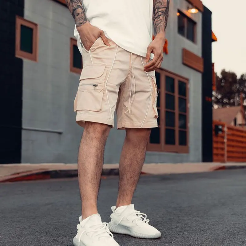 

Hot Men's Reflective Strip Sports Shorts Solid Multi Pocket Casual Fitness Loose Work Pants Summer Male Tactical Short Pants