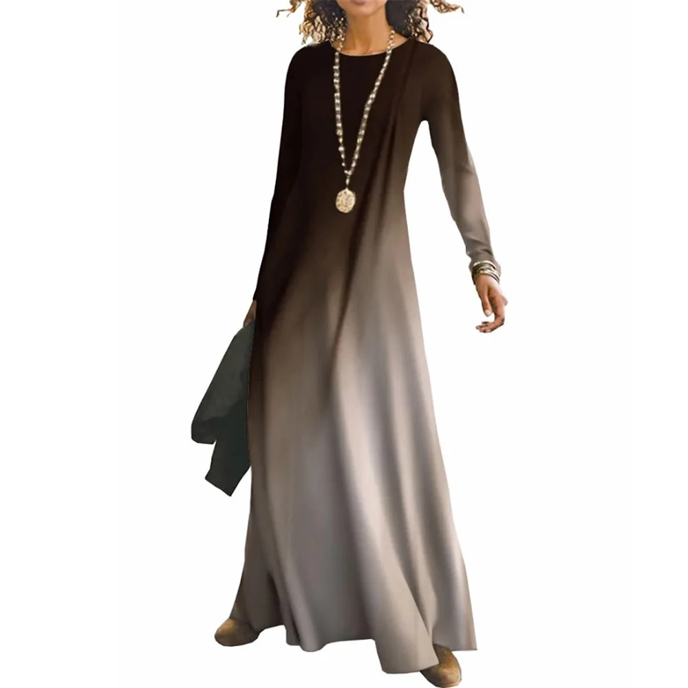 

Women Dresses Old-fashioned Long Sleeve Gradient Prited Dress Loose Long Dress Outdoor Casual Tie-dye Dress for Women