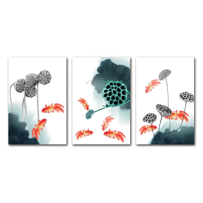 

Chinese Ink Style Lotus and Goldfish Frameles Poster Home Residential Bedroom Decoration Living Room Canvas Painting Hd Print