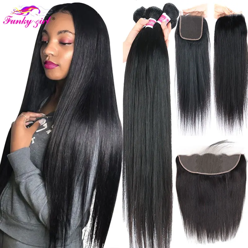 

Peruvian Straight Human Hair Lace Closure With Bundles 8-30Inch Remy Human Hair Extension 3Bundles with Frontal Natural Color