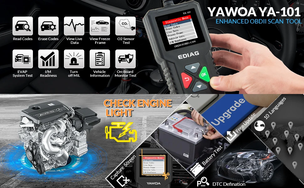 EDIAG YA101 OBD2 считыватель кодов OBDII/EOBD YA-101 обновление онлайн Улучшенный OBD II сканер PK CR3001 CR319 ELM327 V1.5