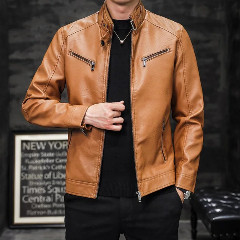 Новая мужская куртка из искусственной кожи весна-осень. Версия из Кореи. Модное досуговое изделие со стойким воротником, приталенное, узкое. Мотоциклетное покрытие из PU.