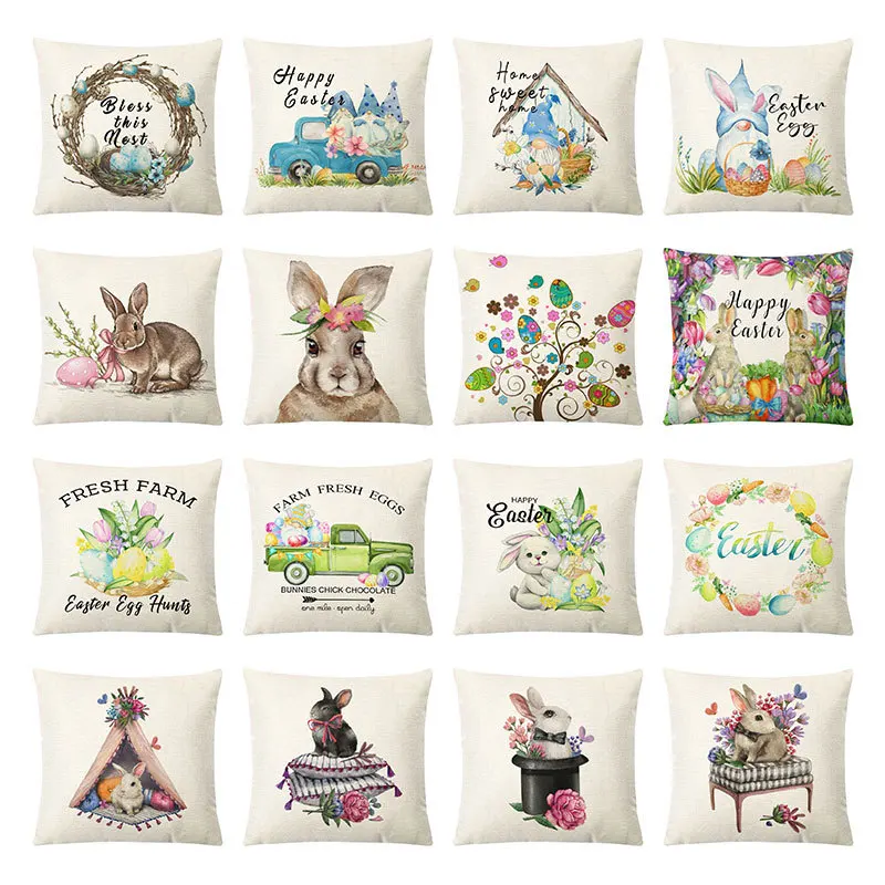 

Easter Decor Cushion Cover 45x45cm Farmhouse Home Decorative Linen Pillow Cover Rabbits Eggs Flowers Printed Throw Pillowcase