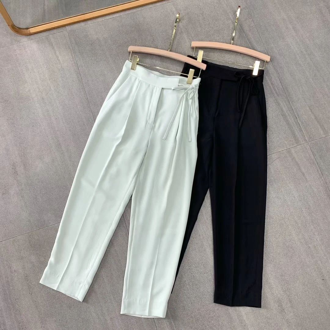 

High Quality Women Summer Pocket Belt High Waist Solid Color Nine-Point Casual Pants