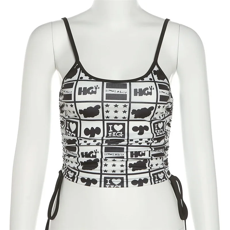 

Goth Dark Harajuku Gothic Graphic Print Women Camis Grunge Black Punk Aesthetic Summer Crop Tops Drawstring Backless Slim Outfit
