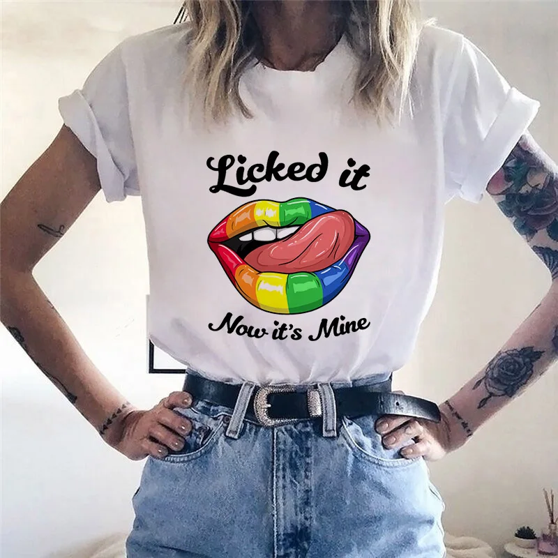 

New Style Summer Red Mouth Lip Kiss Printed Girl Funny Female T-shirt Casual White Round Neck Ladies Tshirt